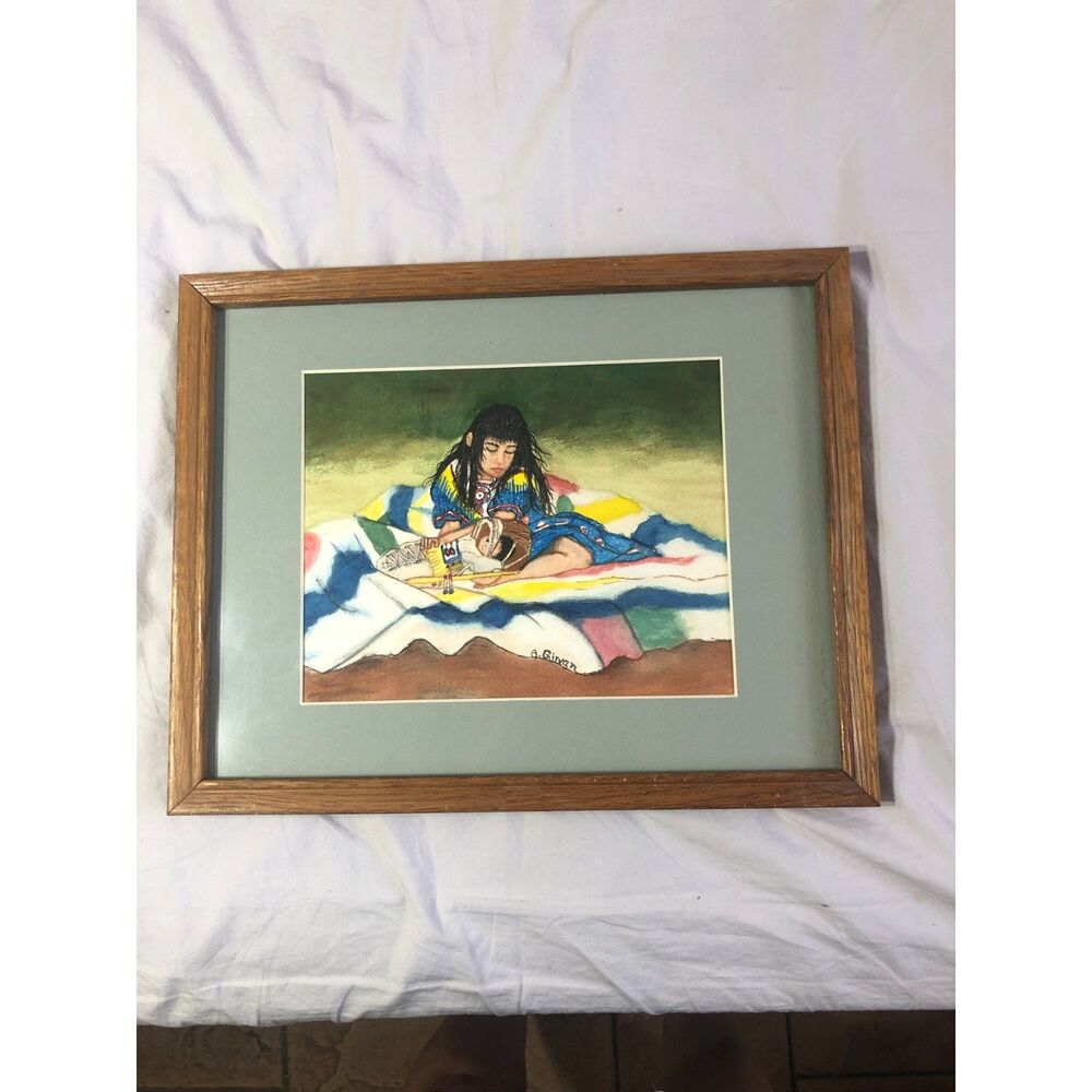 Vtg A Girvan Native American Mother Baby Framed Art Print Southwestern Oak Decor